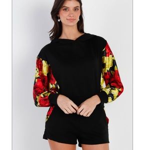 NEW Black & Satin Effect Red & Lime Floral Print Hooded Top And Short Set